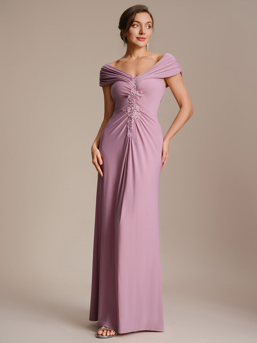 Robe longue moulante à encolure en V dénudée des épaules en tissu extensible #Couleur_Orchidee