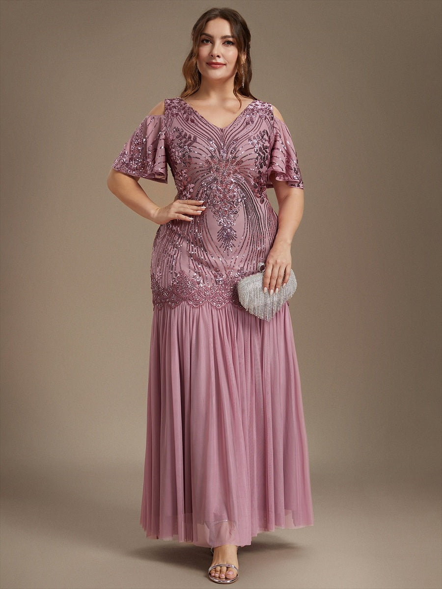 Sequins Col V Fourreau À volants Fermeture zippée au dos Sans coques, avec doublure. robe de soirée #Couleur_Orchidee
