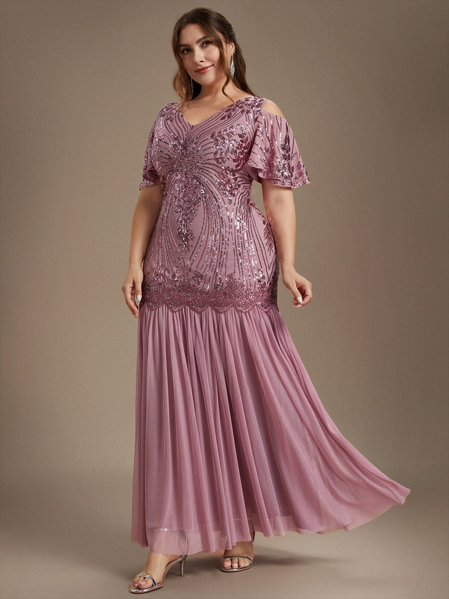 Sequins Col V Fourreau À volants Fermeture zippée au dos Sans coques, avec doublure. robe de soirée #Couleur_Orchidee
