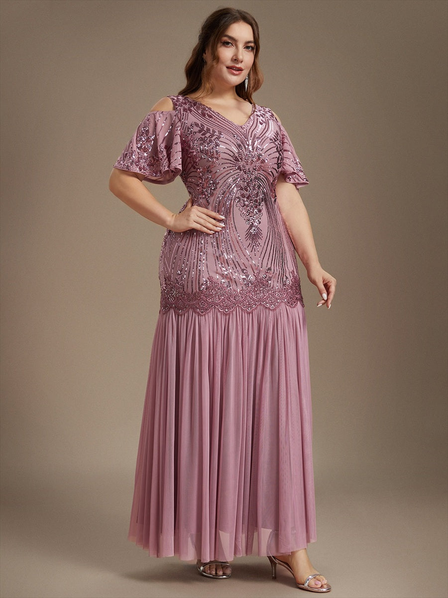 Sequins Col V Fourreau À volants Fermeture zippée au dos Sans coques, avec doublure. robe de soirée #Couleur_Orchidee