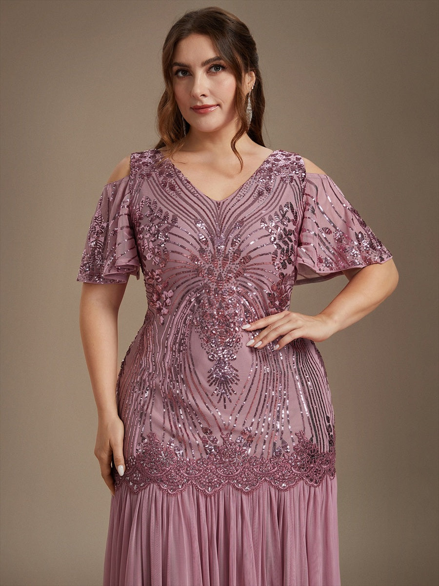 Sequins Col V Fourreau À volants Fermeture zippée au dos Sans coques, avec doublure. robe de soirée #Couleur_Orchidee