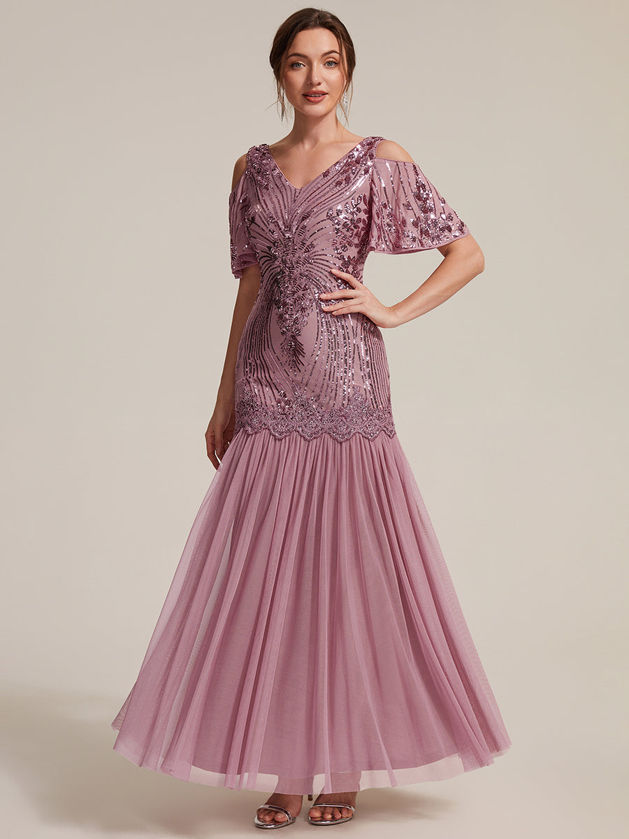 Sequins Col V Fourreau À volants Fermeture zippée au dos Sans coques, avec doublure. robe de soirée #Couleur_Orchidee