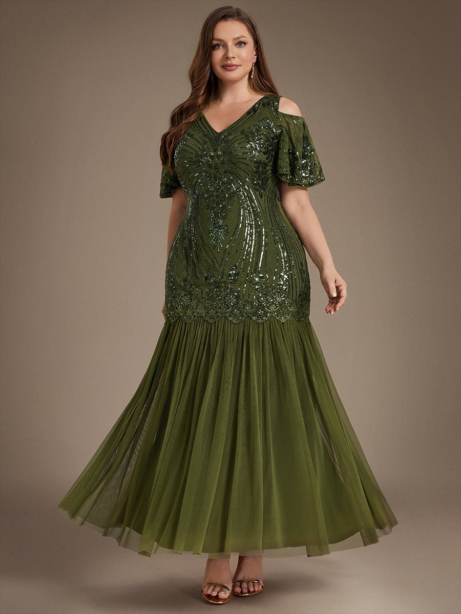 Sequins Col V Fourreau À volants Fermeture zippée au dos Sans coques, avec doublure. robe de soirée #Couleur_Vert Olive