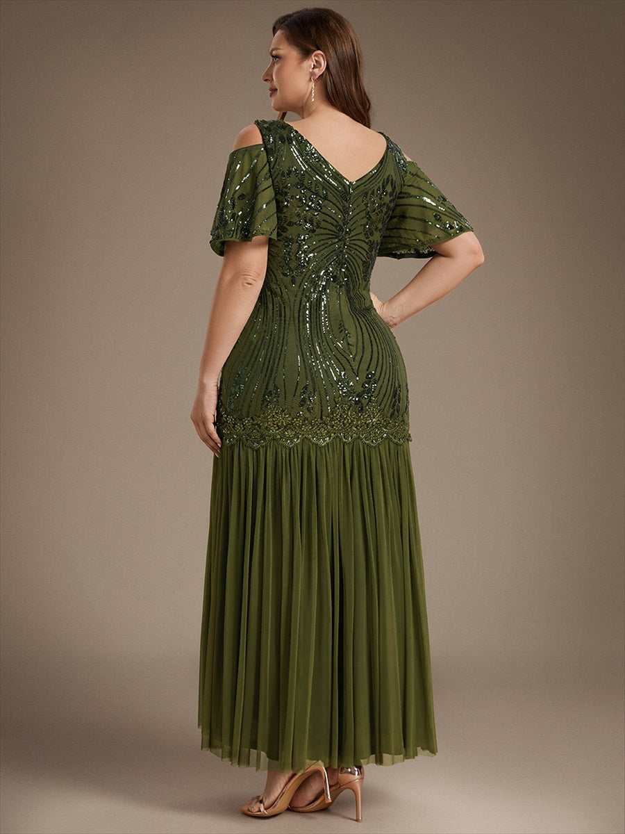 Sequins Col V Fourreau À volants Fermeture zippée au dos Sans coques, avec doublure. robe de soirée #Couleur_Vert Olive