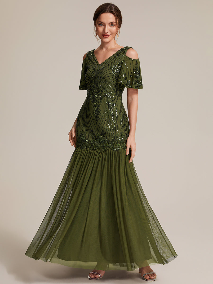 Sequins Col V Fourreau À volants Fermeture zippée au dos Sans coques, avec doublure. robe de soirée #Couleur_Vert Olive