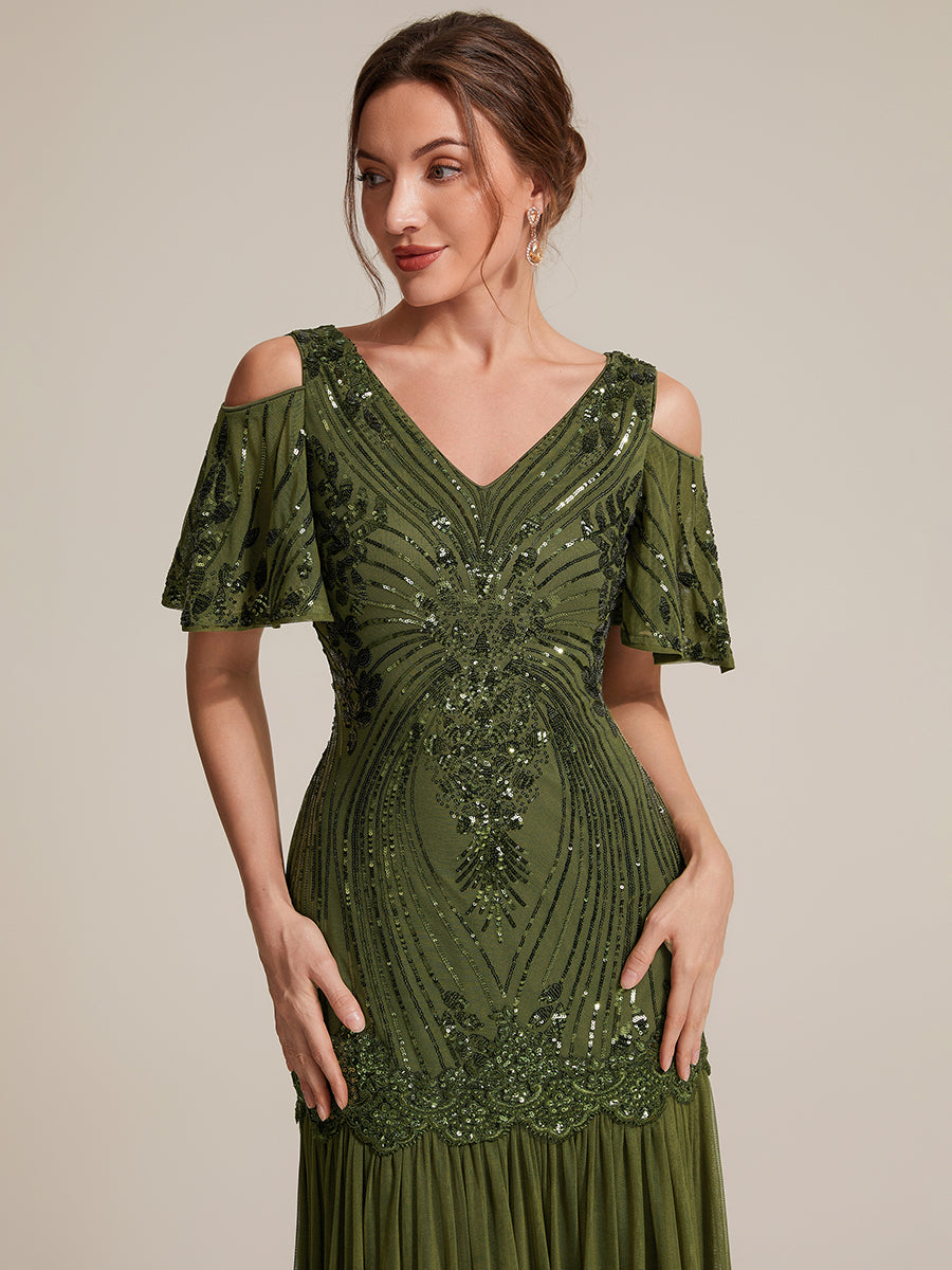 Sequins Col V Fourreau À volants Fermeture zippée au dos Sans coques, avec doublure. robe de soirée #Couleur_Vert Olive