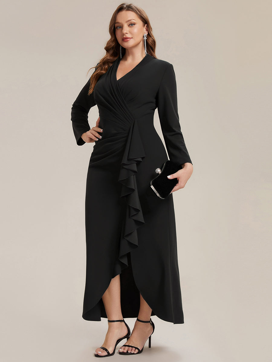 Robe moulante ¨¤ manches longues en V avec ourlet asym¨¦trique volants et fermeture ¨¦clair au dos #Couleur_Noir