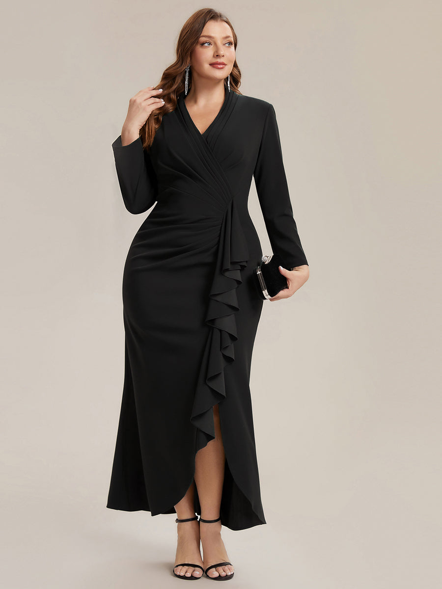 Robe moulante ¨¤ manches longues en V avec ourlet asym¨¦trique volants et fermeture ¨¦clair au dos #Couleur_Noir