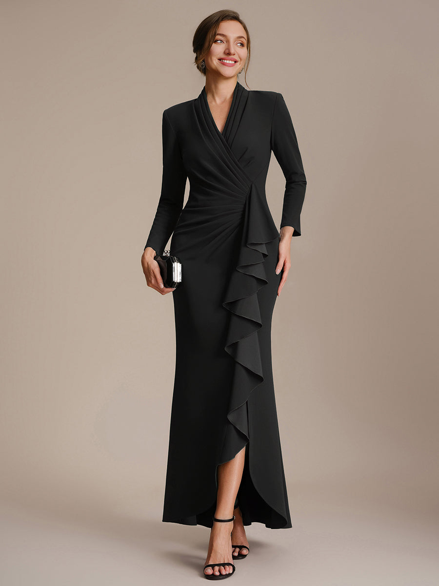 Robe moulante ¨¤ manches longues en V avec ourlet asym¨¦trique volants et fermeture ¨¦clair au dos #Couleur_Noir