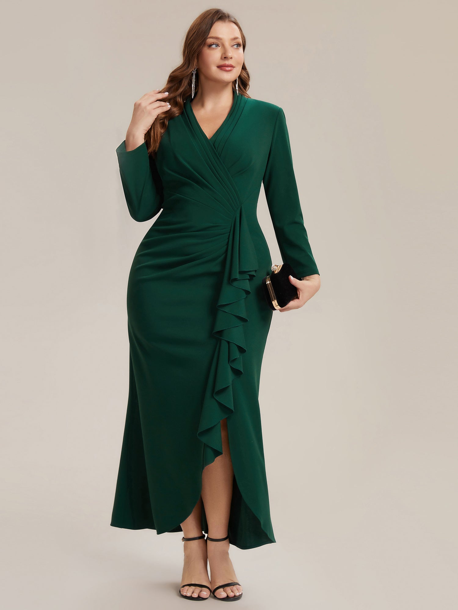 Robe moulante ¨¤ manches longues en V avec ourlet asym¨¦trique volants et fermeture ¨¦clair au dos #Couleur_Vert Fonce