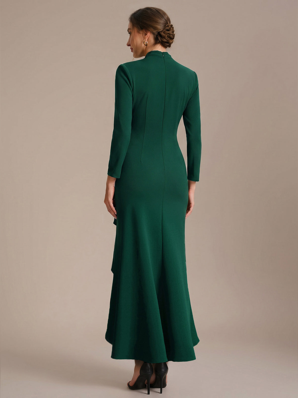 Robe moulante ¨¤ manches longues en V avec ourlet asym¨¦trique volants et fermeture ¨¦clair au dos #Couleur_Vert Fonce
