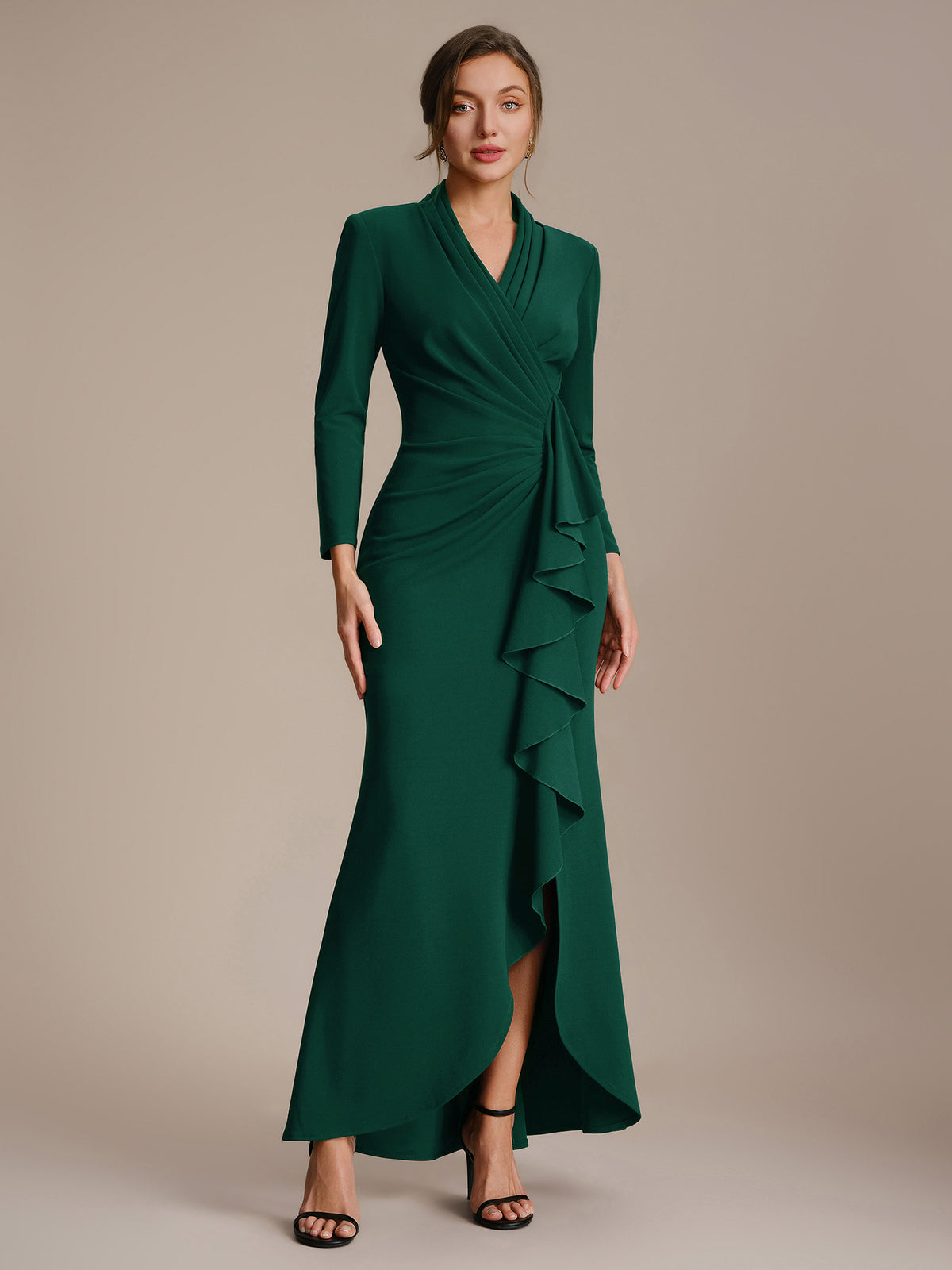 Robe moulante ¨¤ manches longues en V avec ourlet asym¨¦trique volants et fermeture ¨¦clair au dos #Couleur_Vert Fonce