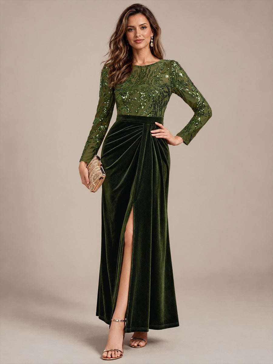 Velours Fourreau Manches ajustées Fermeture zippée au dos Sans coques, avec doublure. Robe #Couleur_Vert Olive