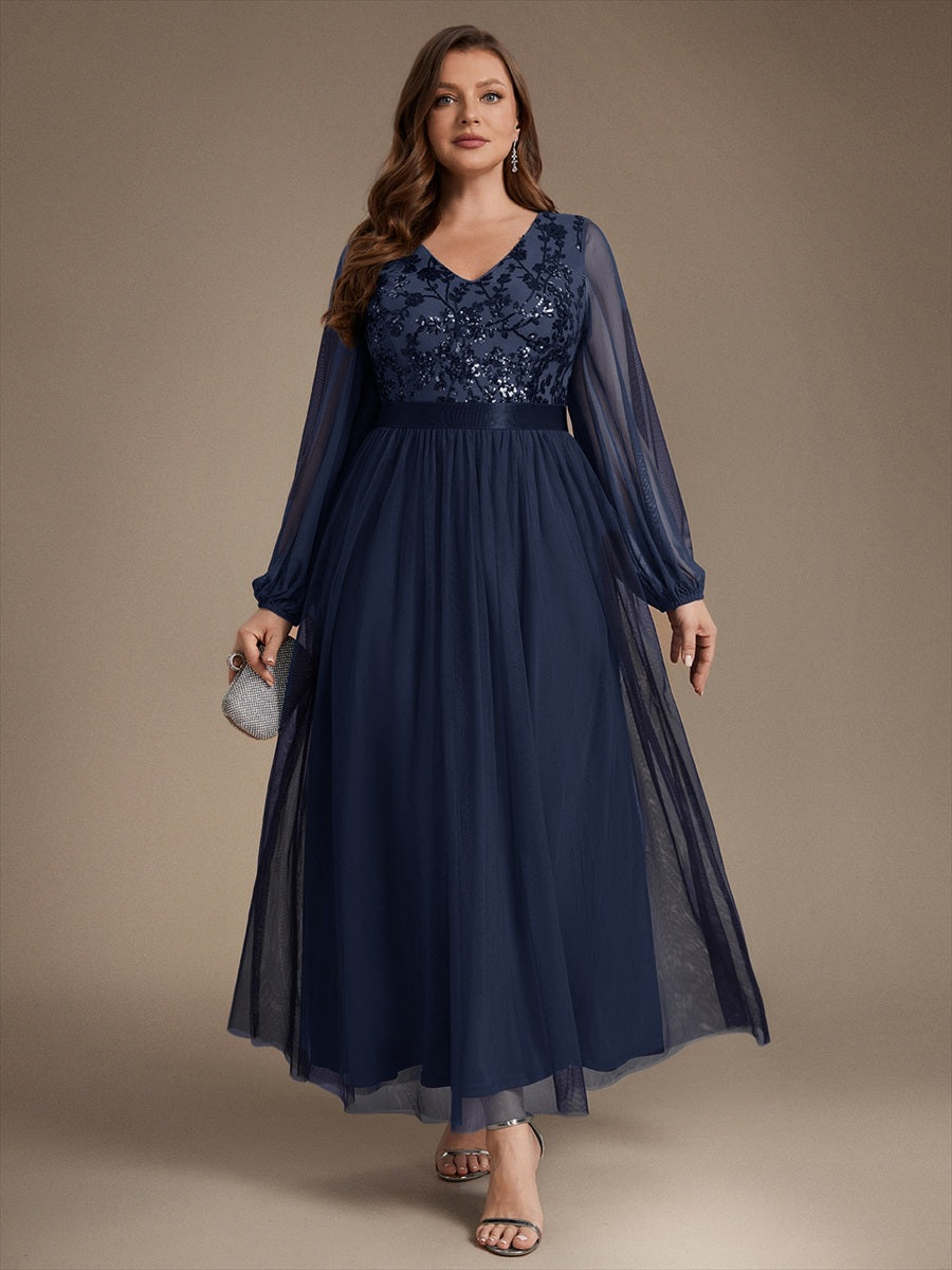 Robe maxi A-line à manches longues en V ornée de sequins avec manches bouffantes #Couleur_Bleu Marine