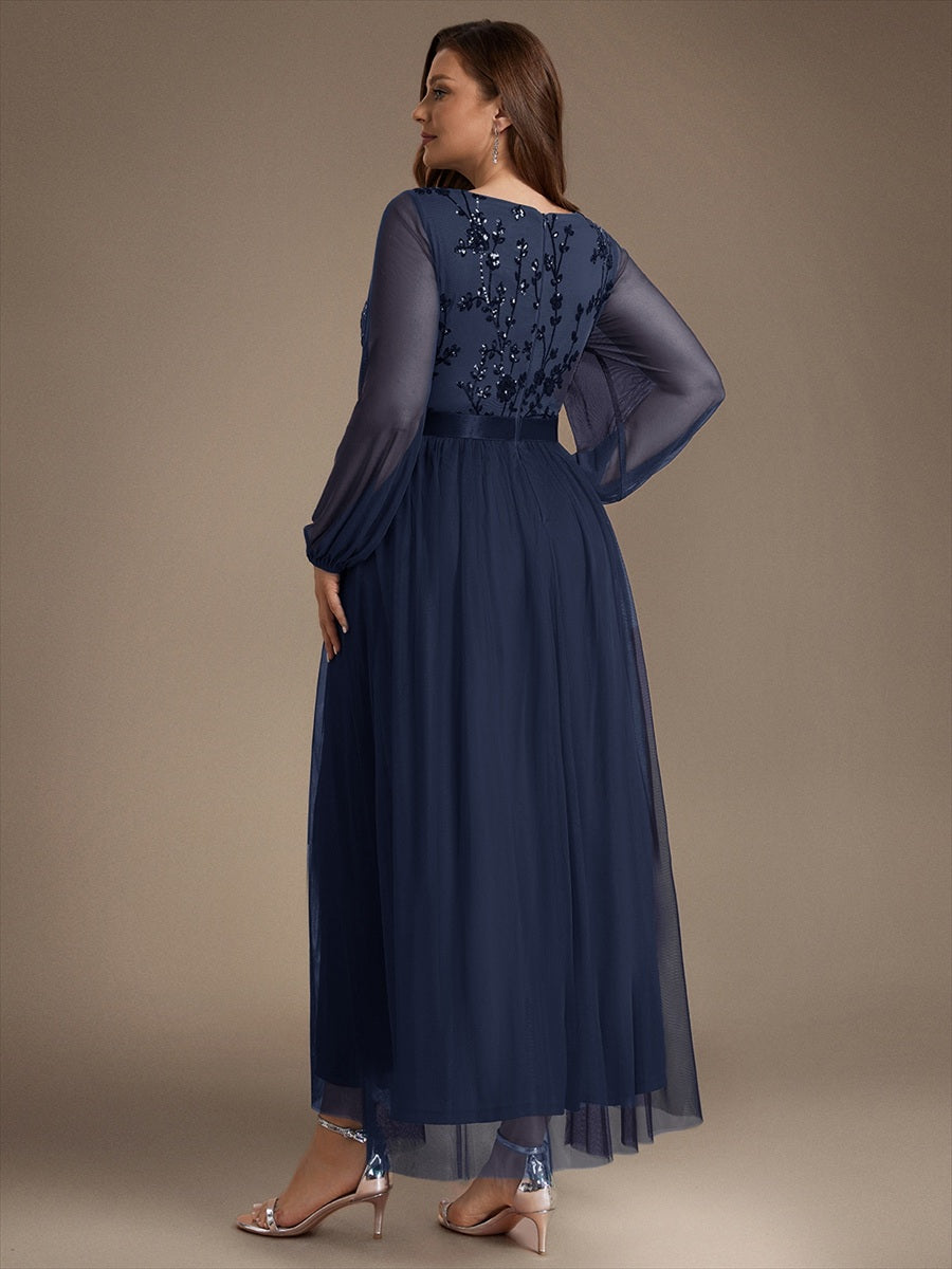 Robe maxi A-line à manches longues en V ornée de sequins avec manches bouffantes #Couleur_Bleu Marine