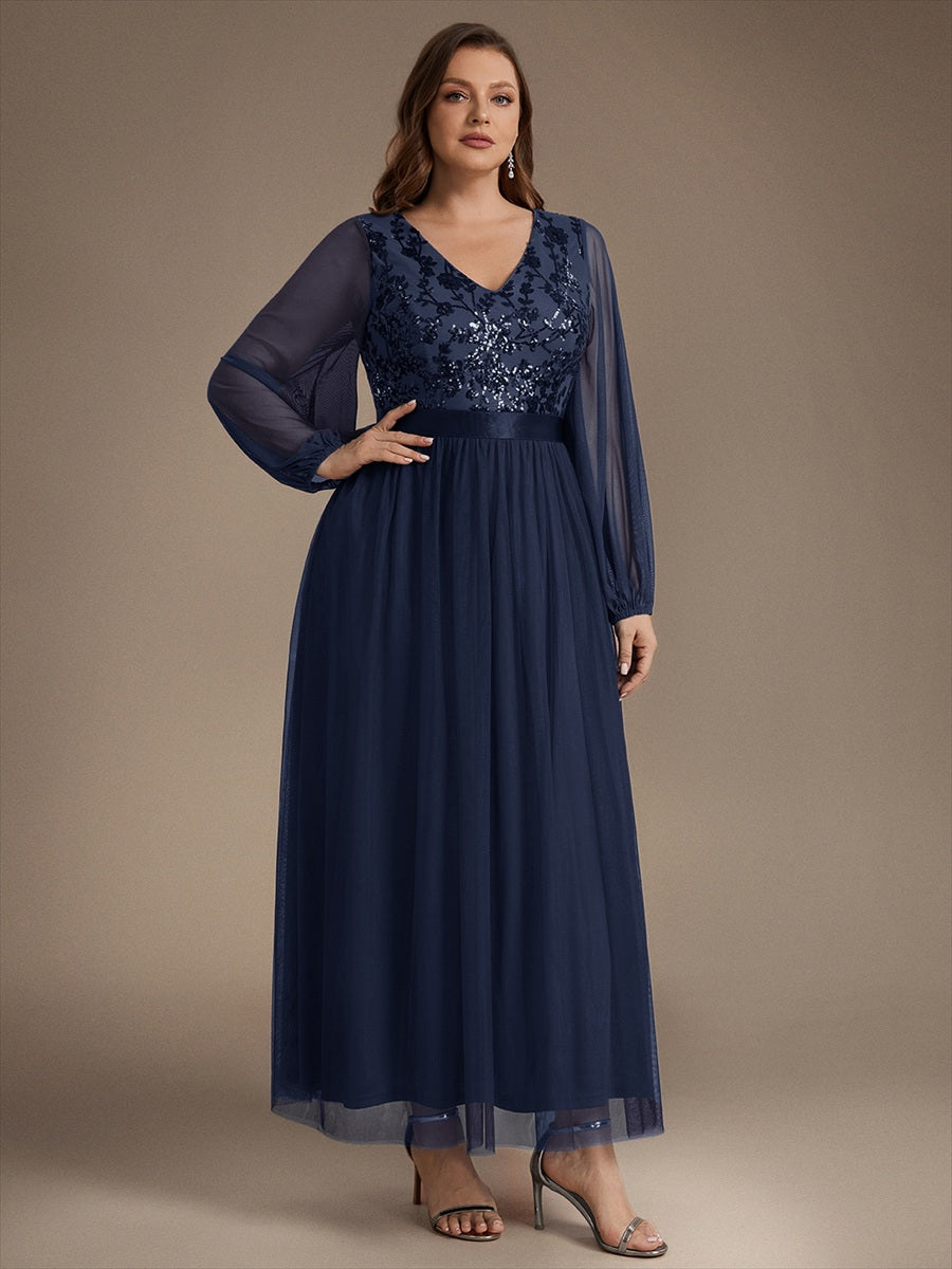 Robe maxi A-line à manches longues en V ornée de sequins avec manches bouffantes #Couleur_Bleu Marine