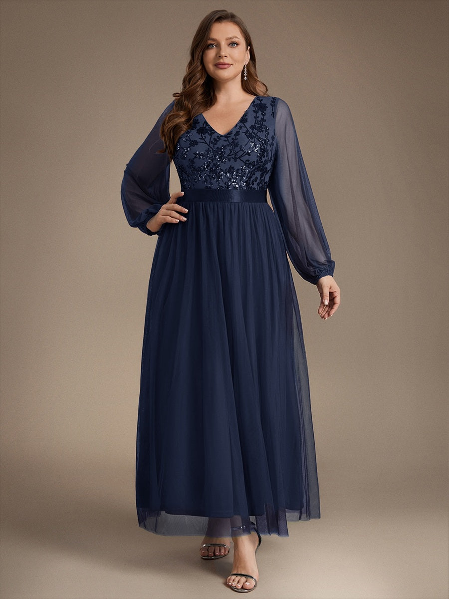 Robe maxi A-line à manches longues en V ornée de sequins avec manches bouffantes #Couleur_Bleu Marine