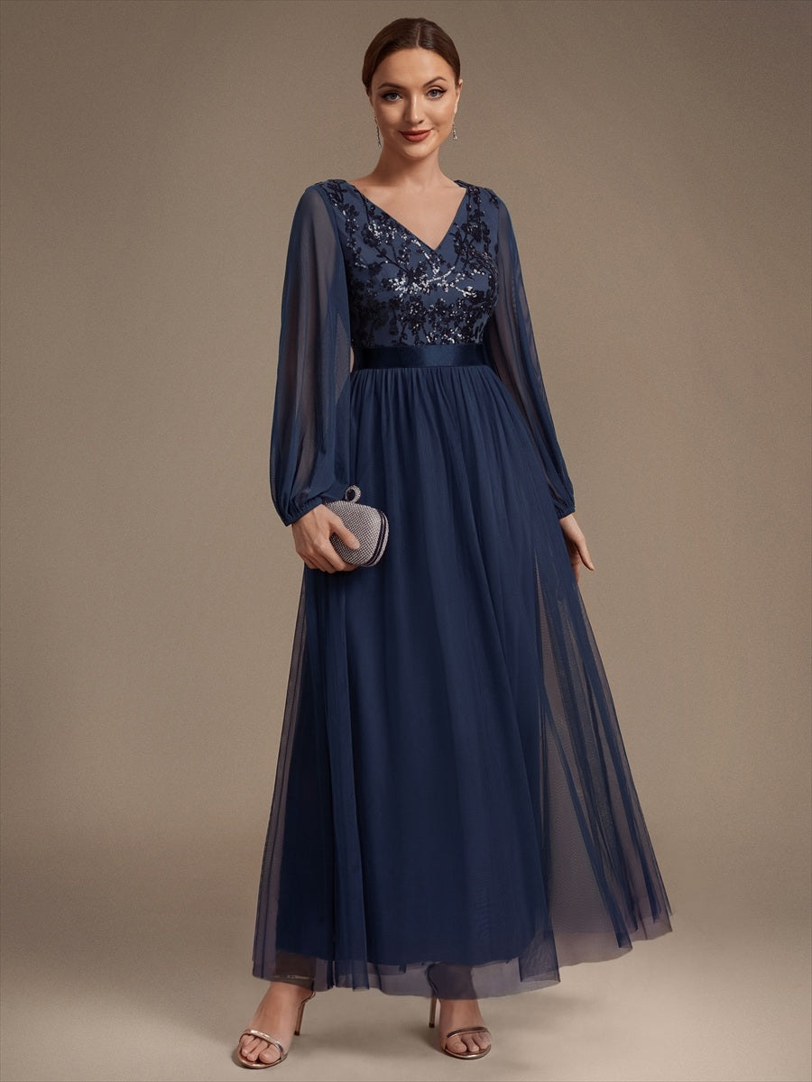 Robe maxi A-line à manches longues en V ornée de sequins avec manches bouffantes #Couleur_Bleu Marine