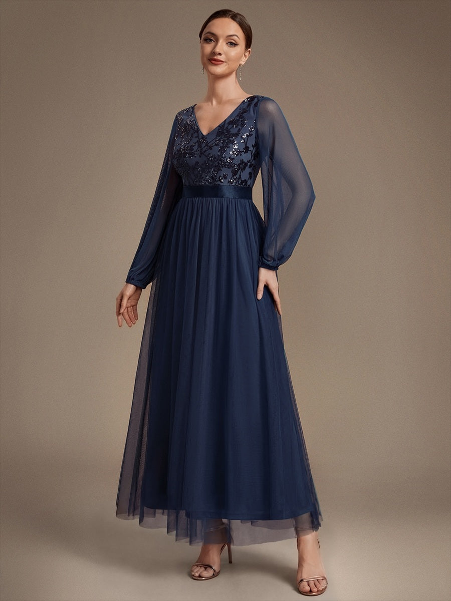 Robe maxi A-line à manches longues en V ornée de sequins avec manches bouffantes #Couleur_Bleu Marine