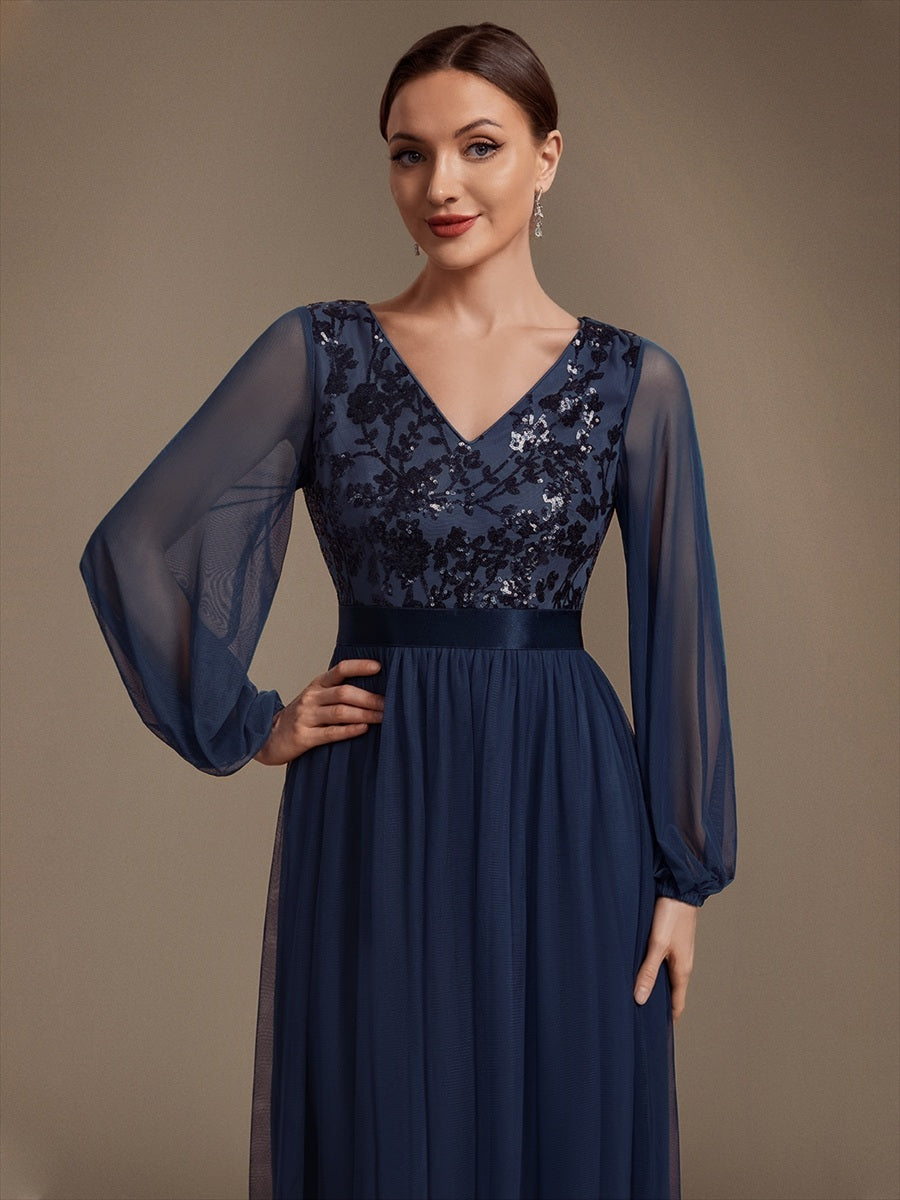 Robe maxi A-line à manches longues en V ornée de sequins avec manches bouffantes #Couleur_Bleu Marine