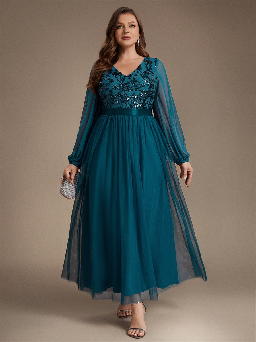 Robe maxi A-line à manches longues en V ornée de sequins avec manches bouffantes #Couleur_Bleu Sarcelle