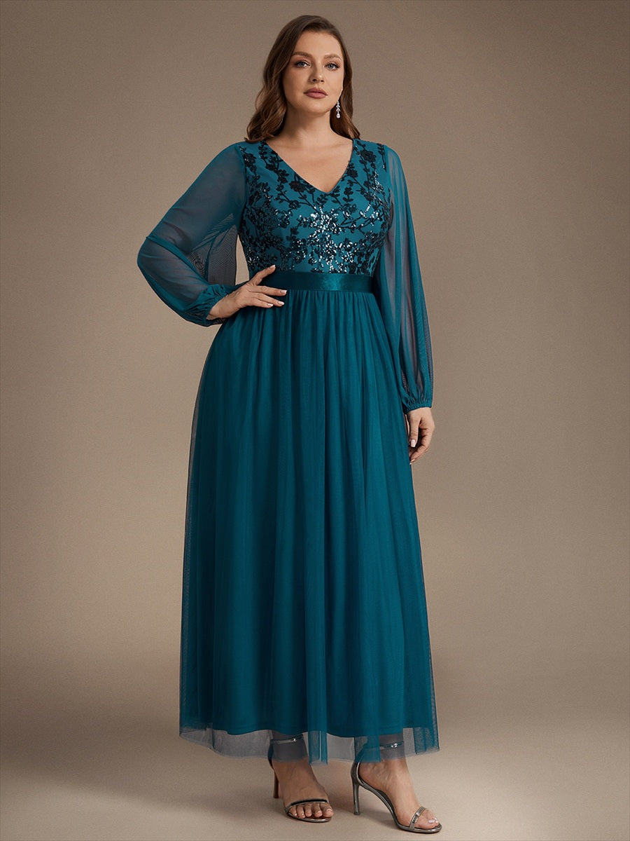 Robe maxi A-line à manches longues en V ornée de sequins avec manches bouffantes #Couleur_Bleu Sarcelle