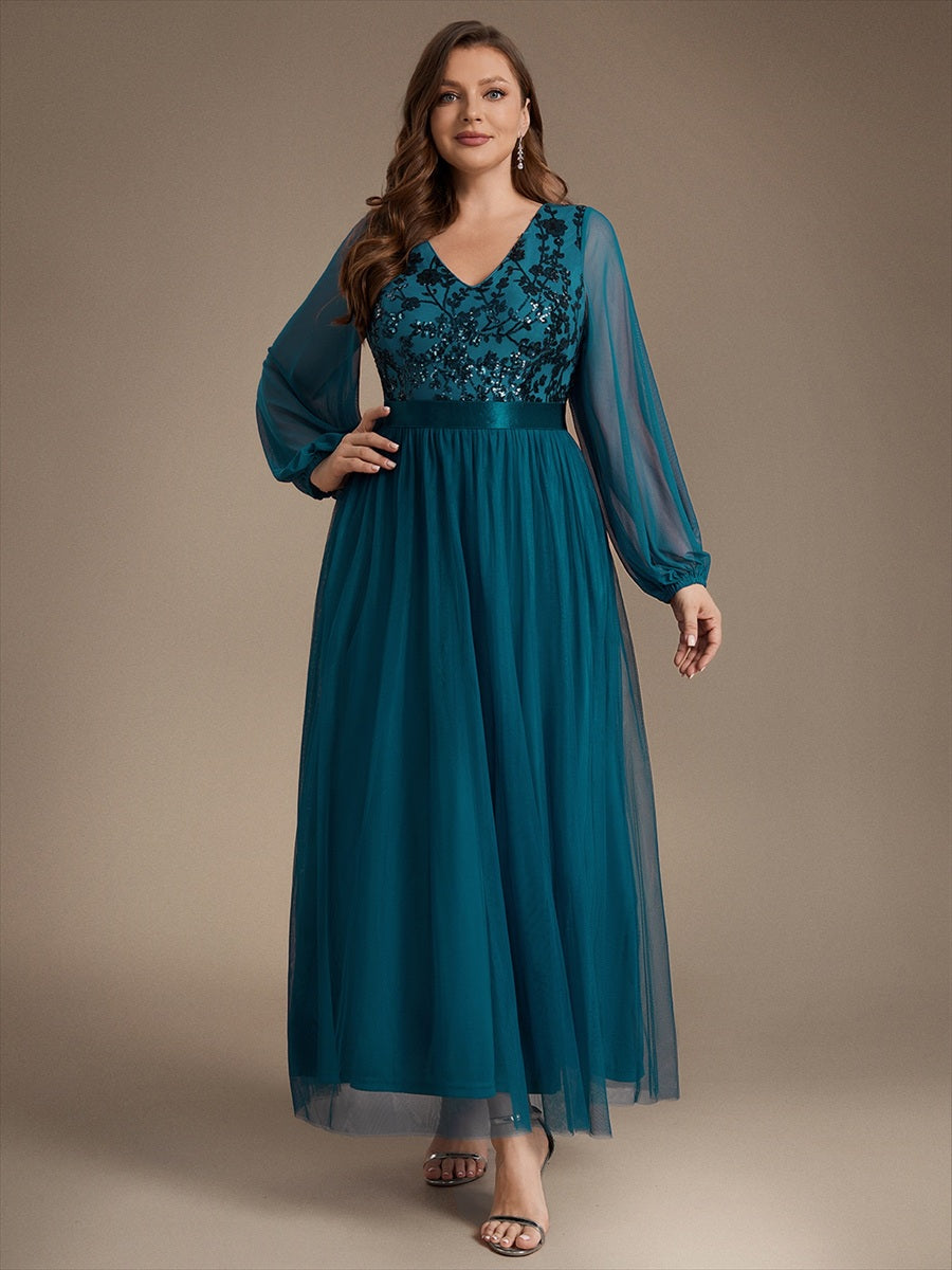 Robe maxi A-line à manches longues en V ornée de sequins avec manches bouffantes #Couleur_Bleu Sarcelle