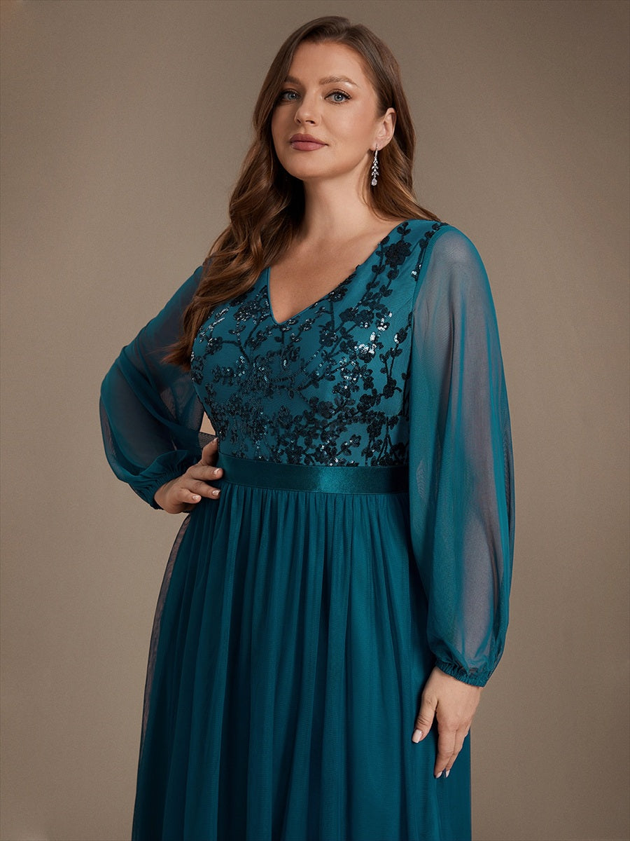 Robe maxi A-line à manches longues en V ornée de sequins avec manches bouffantes #Couleur_Bleu Sarcelle
