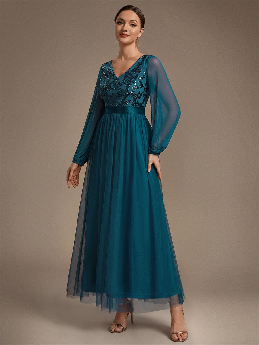 Robe maxi A-line à manches longues en V ornée de sequins avec manches bouffantes #Couleur_Bleu Sarcelle