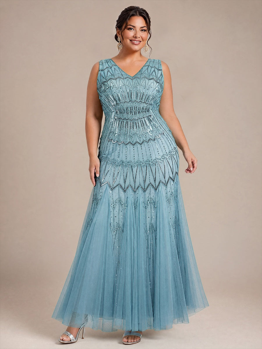 Tulle avec Col V, Sirène, Sans manches, et robe de soirée #Couleur_Bleu Ciel