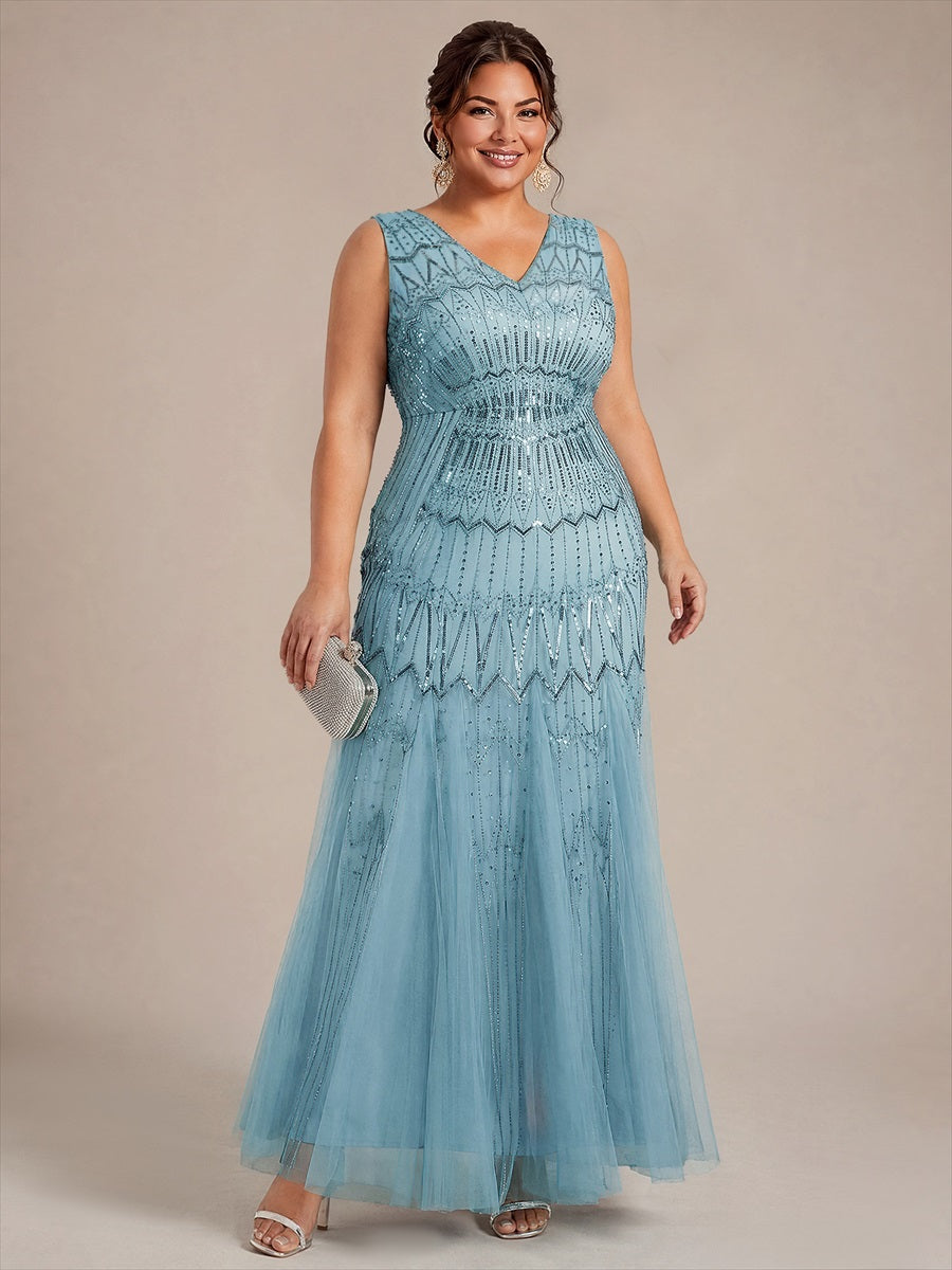 Tulle avec Col V, Sirène, Sans manches, et robe de soirée #Couleur_Bleu Ciel
