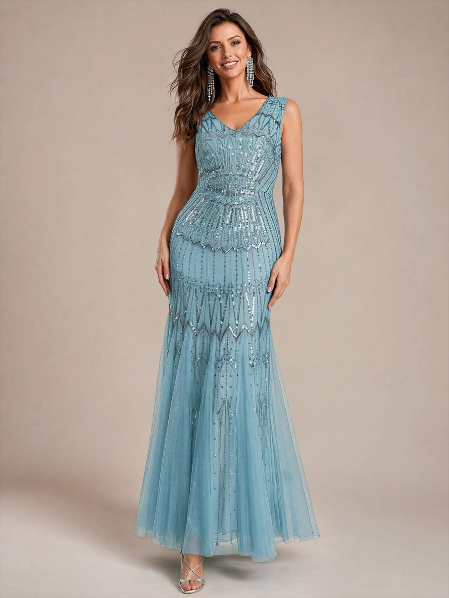 Tulle avec Col V, Sirène, Sans manches, et robe de soirée #Couleur_Bleu Ciel