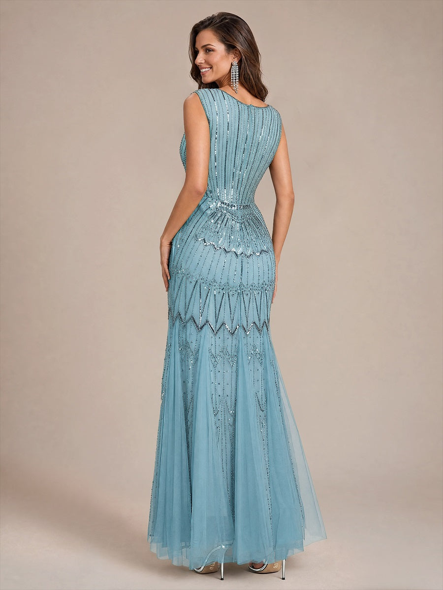Tulle avec Col V, Sirène, Sans manches, et robe de soirée #Couleur_Bleu Ciel