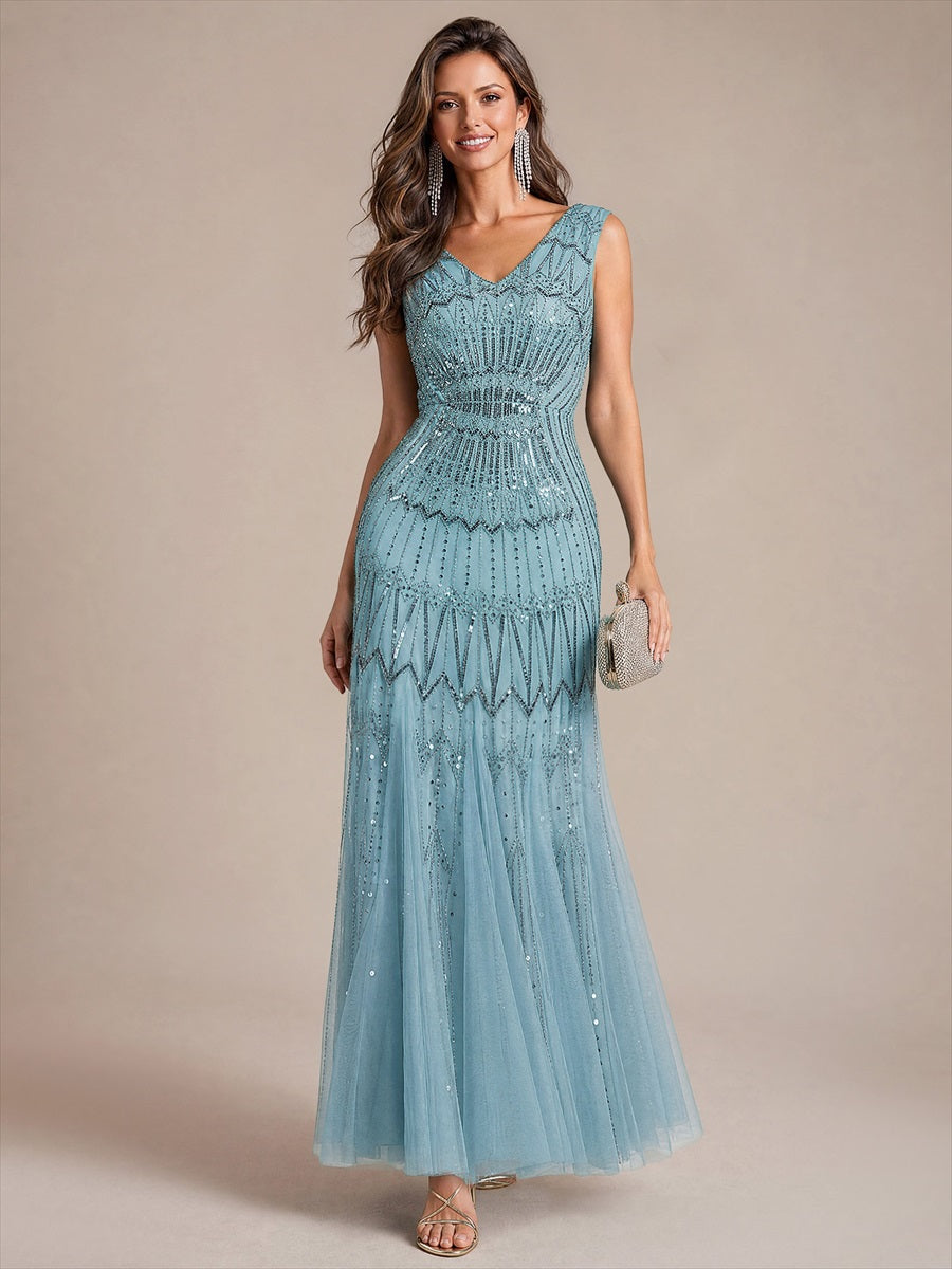 Tulle avec Col V, Sirène, Sans manches, et robe de soirée #Couleur_Bleu Ciel