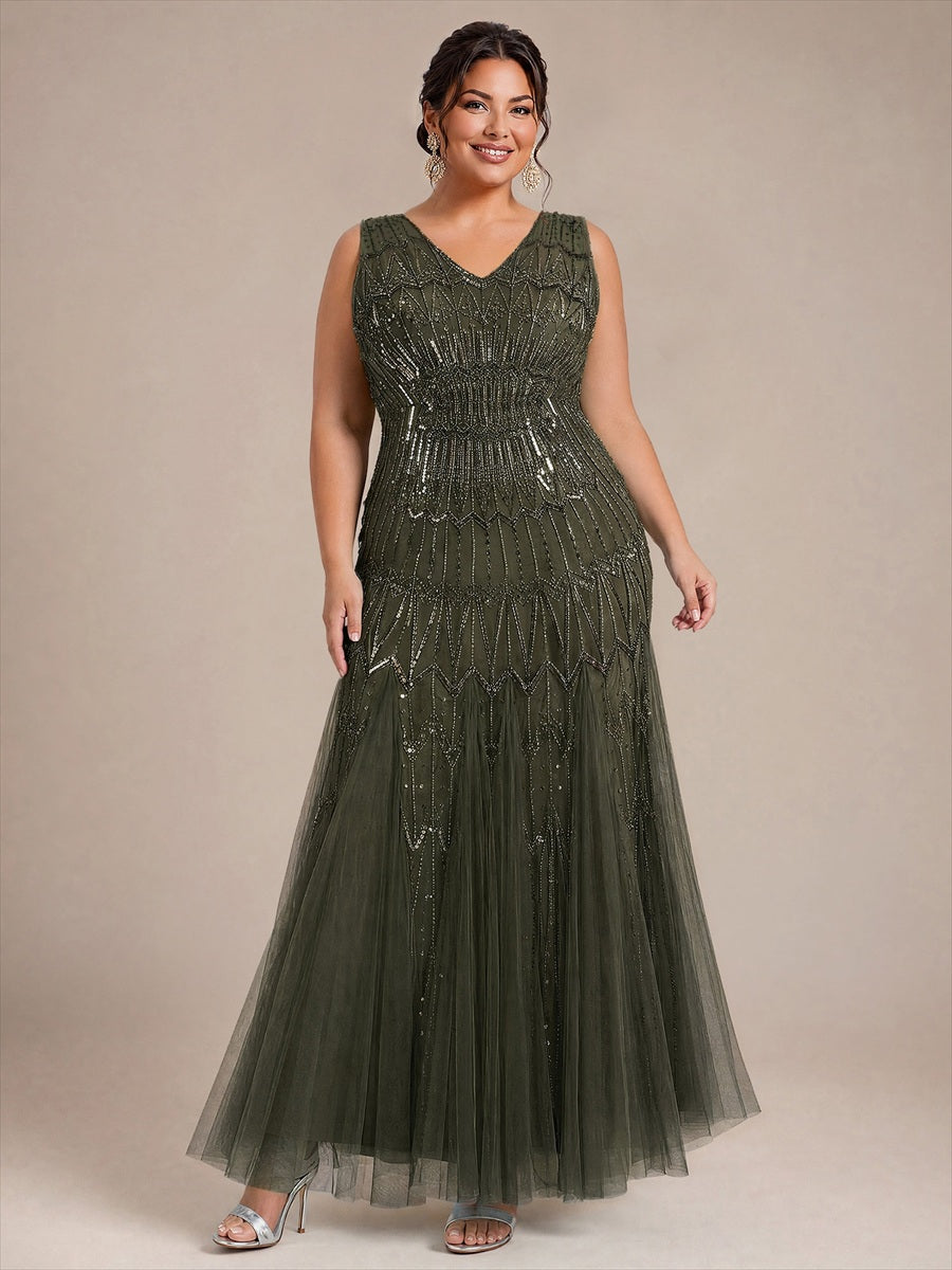 Tulle avec Col V, Sirène, Sans manches, et robe de soirée #Couleur_Vert Olive