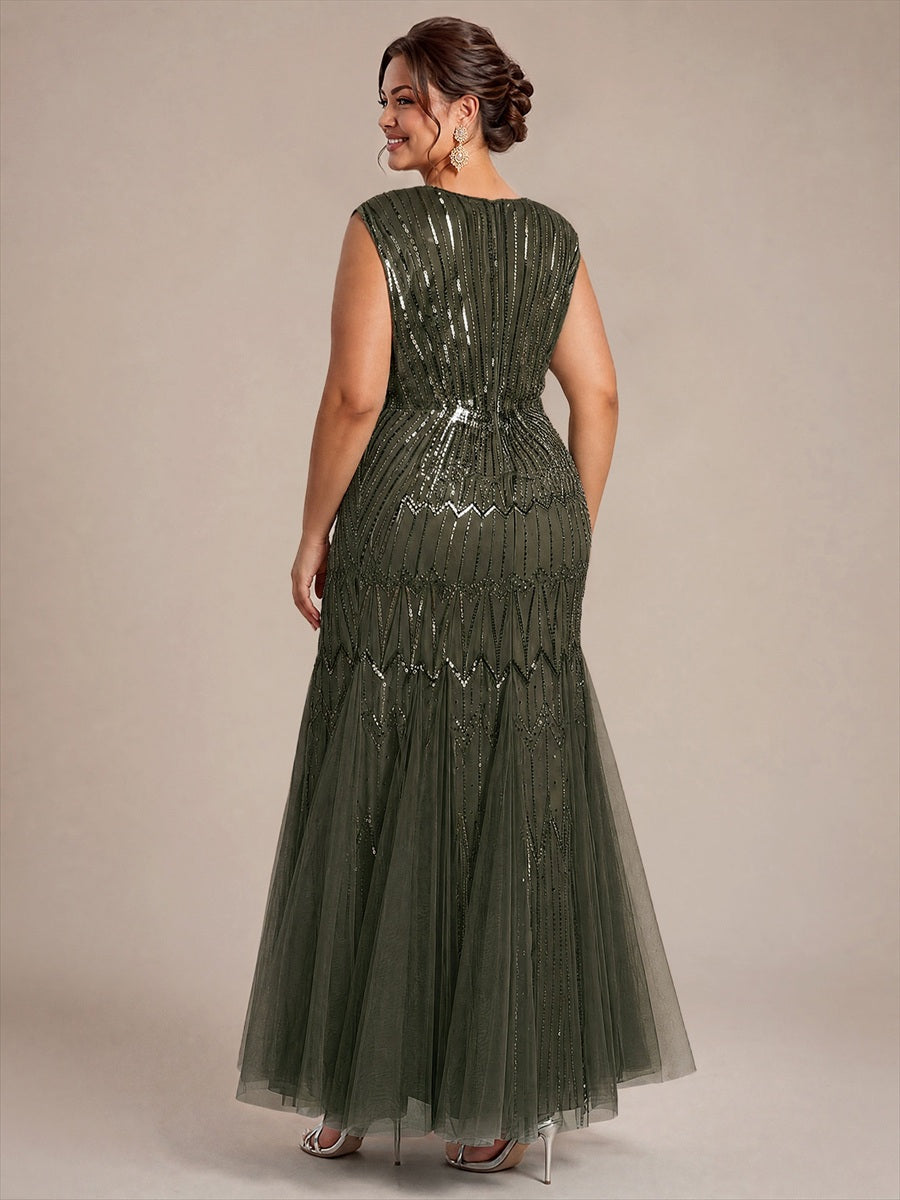 Tulle avec Col V, Sirène, Sans manches, et robe de soirée #Couleur_Vert Olive