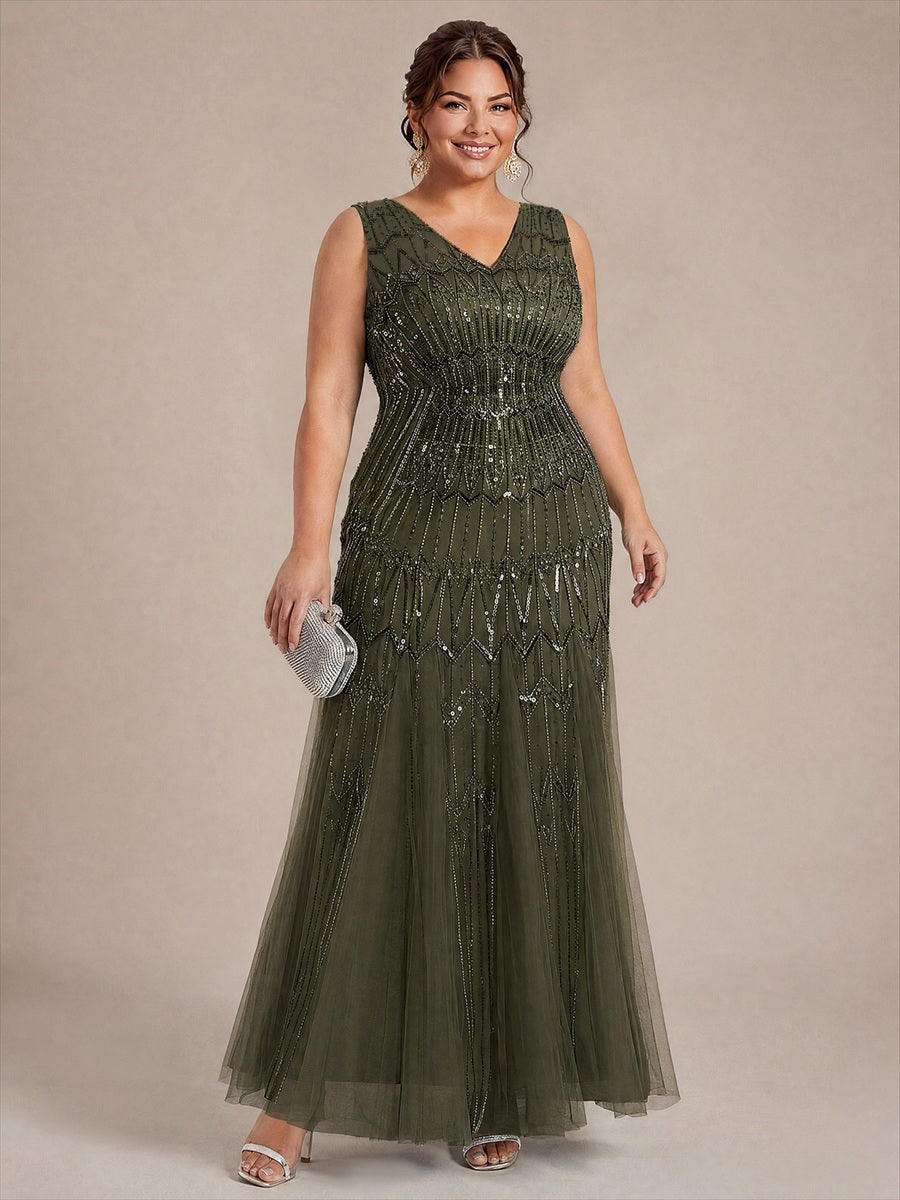 Tulle avec Col V, Sirène, Sans manches, et robe de soirée #Couleur_Vert Olive