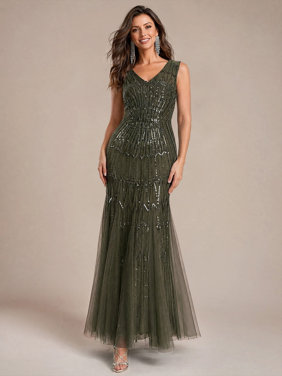 Tulle avec Col V, Sirène, Sans manches, et robe de soirée #Couleur_Vert Olive