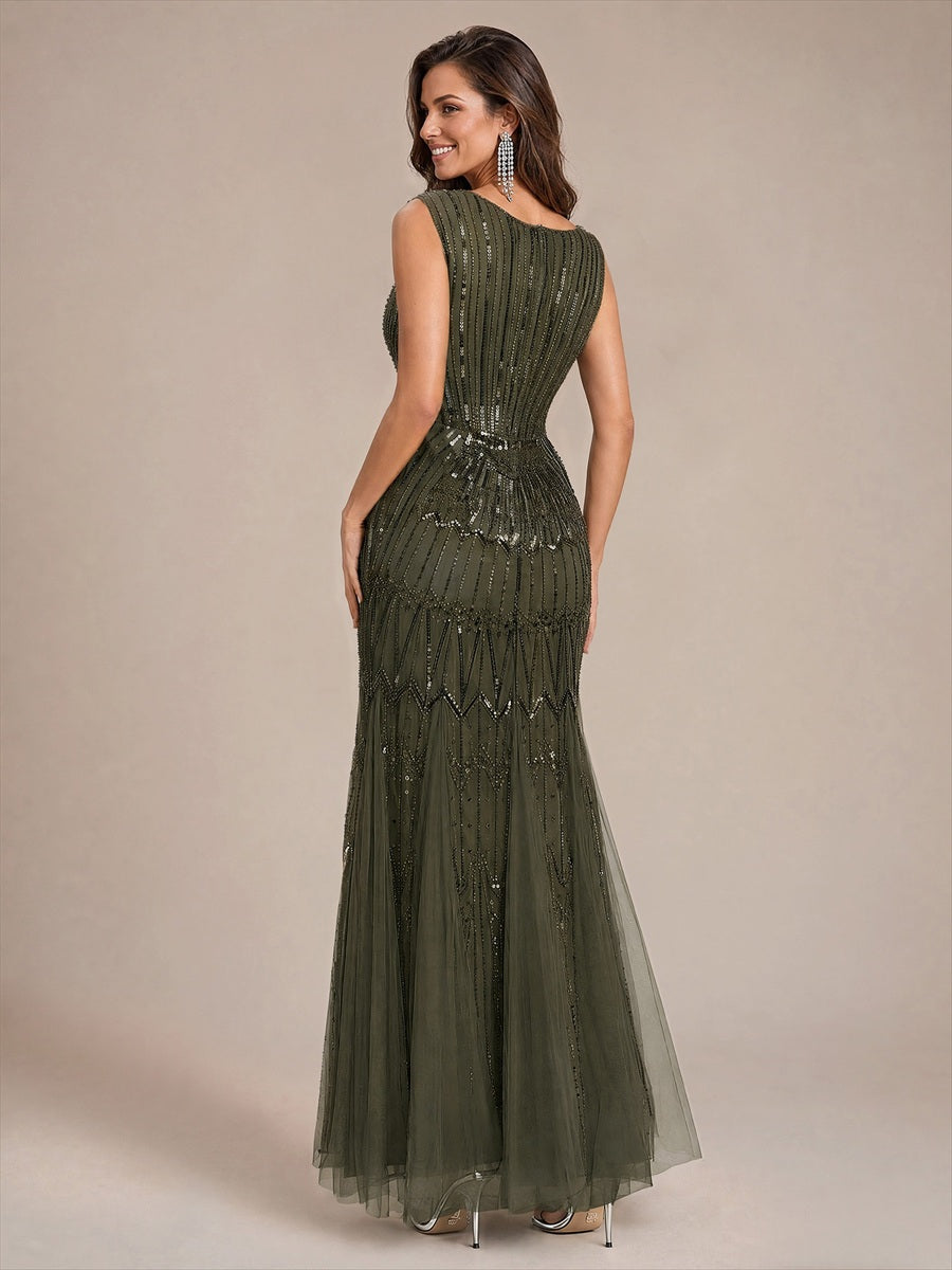 Tulle avec Col V, Sirène, Sans manches, et robe de soirée #Couleur_Vert Olive