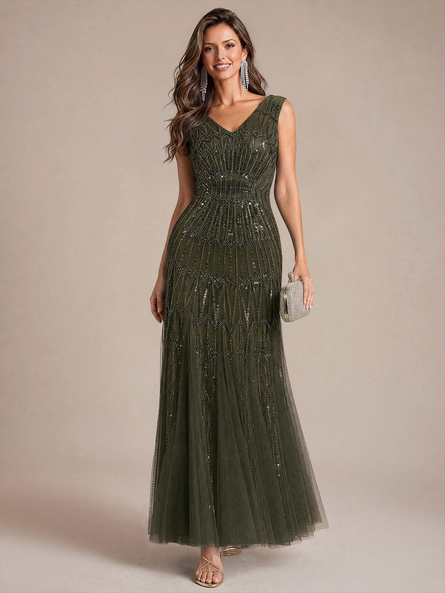 Tulle avec Col V, Sirène, Sans manches, et robe de soirée #Couleur_Vert Olive