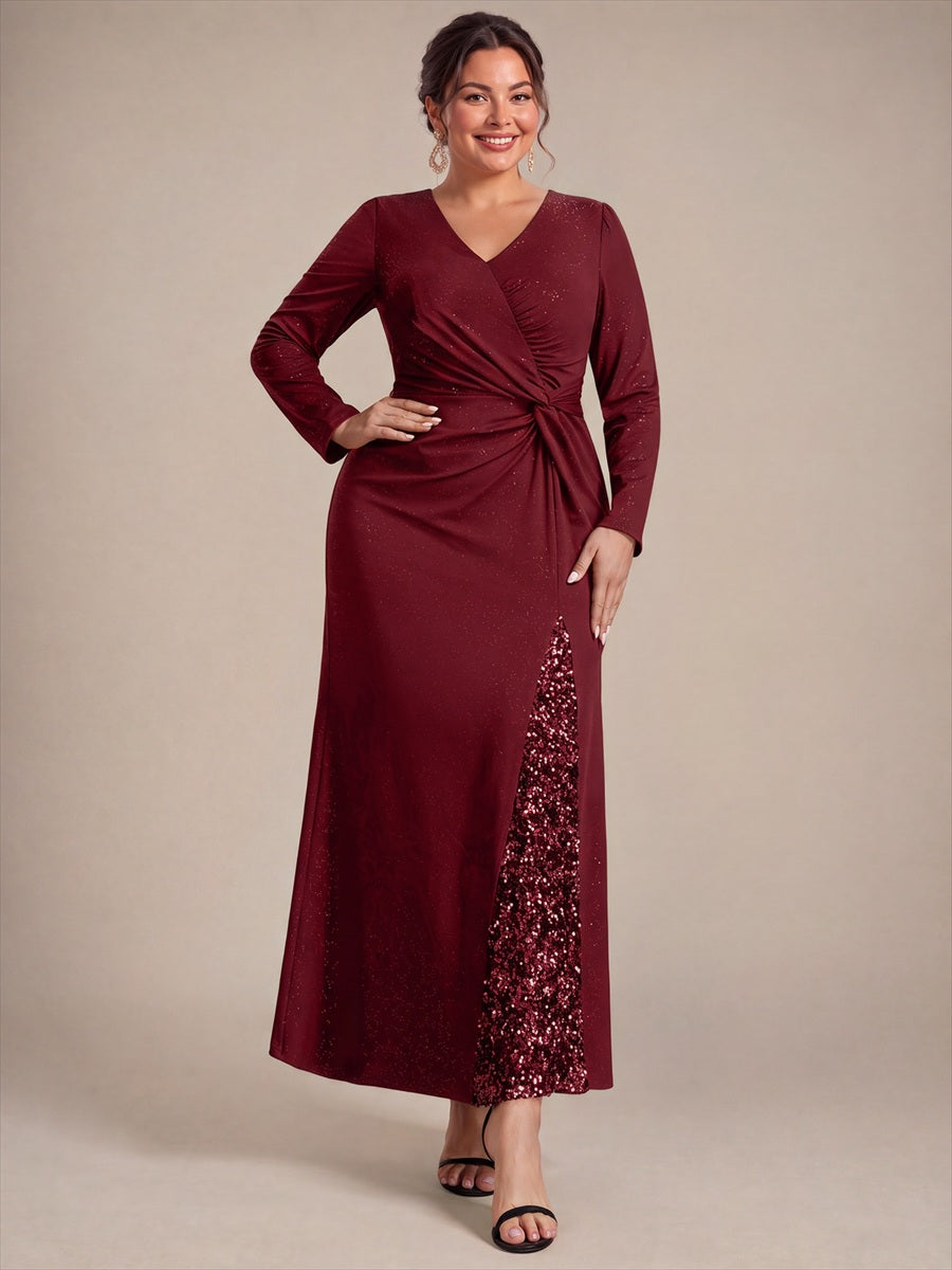 Robe maxi bodycon à manches longues en V avec sequins et fermeture éclair au dos #Couleur_Bordeaux