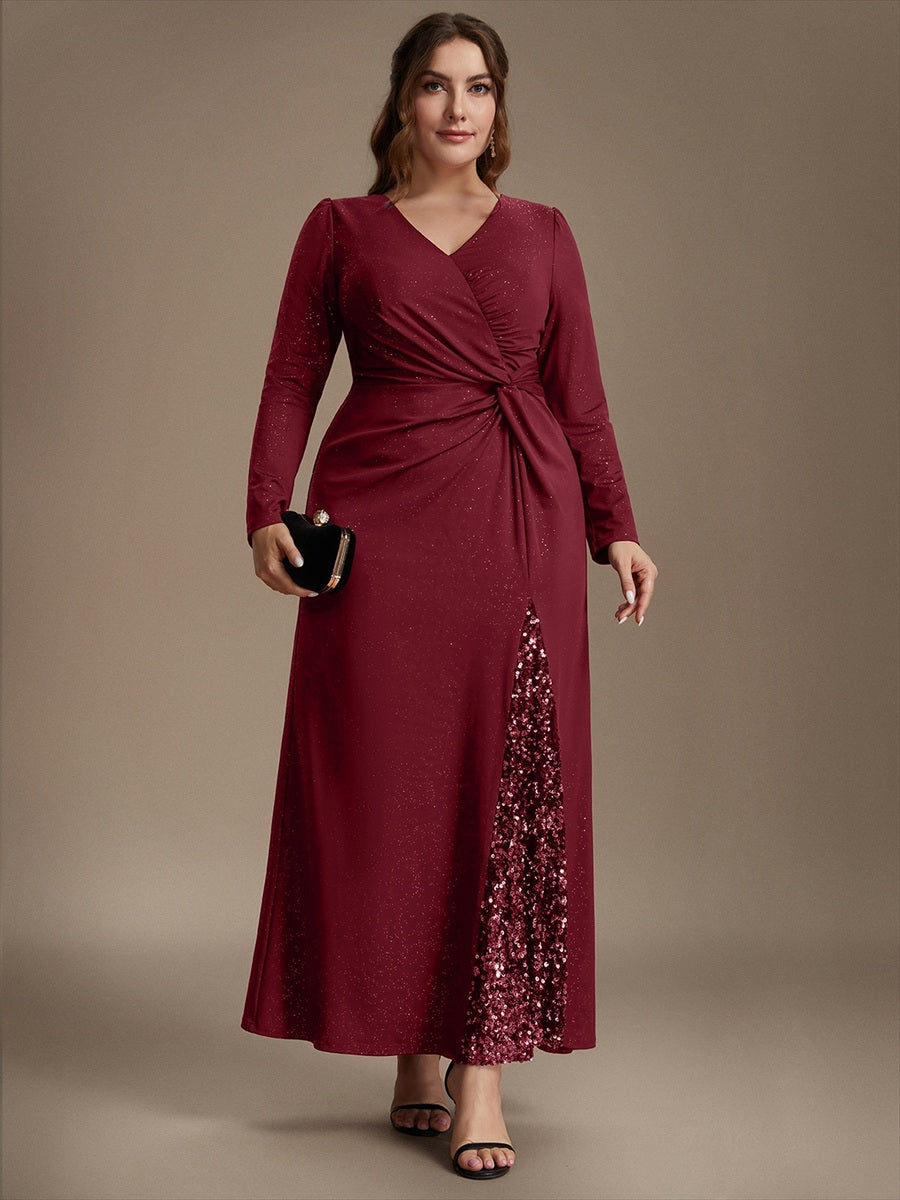 Robe maxi bodycon à manches longues en V avec sequins et fermeture éclair au dos #Couleur_Bordeaux
