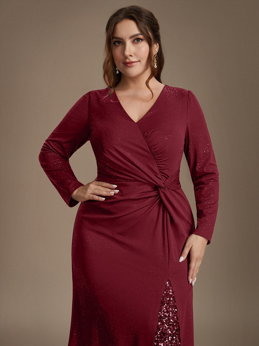 Robe maxi bodycon à manches longues en V avec sequins et fermeture éclair au dos #Couleur_Bordeaux