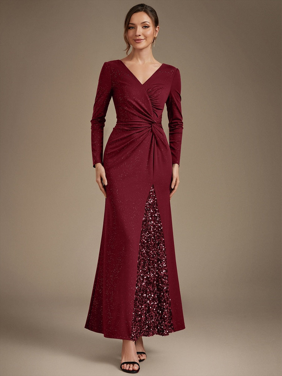 Robe maxi bodycon à manches longues en V avec sequins et fermeture éclair au dos #Couleur_Bordeaux