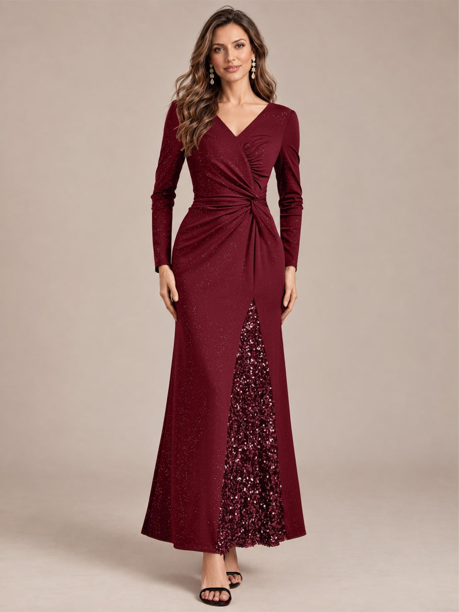Robe maxi bodycon à manches longues en V avec sequins et fermeture éclair au dos #Couleur_Bordeaux