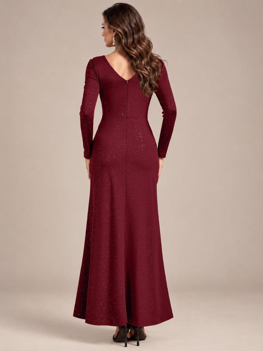 Robe maxi bodycon à manches longues en V avec sequins et fermeture éclair au dos #Couleur_Bordeaux