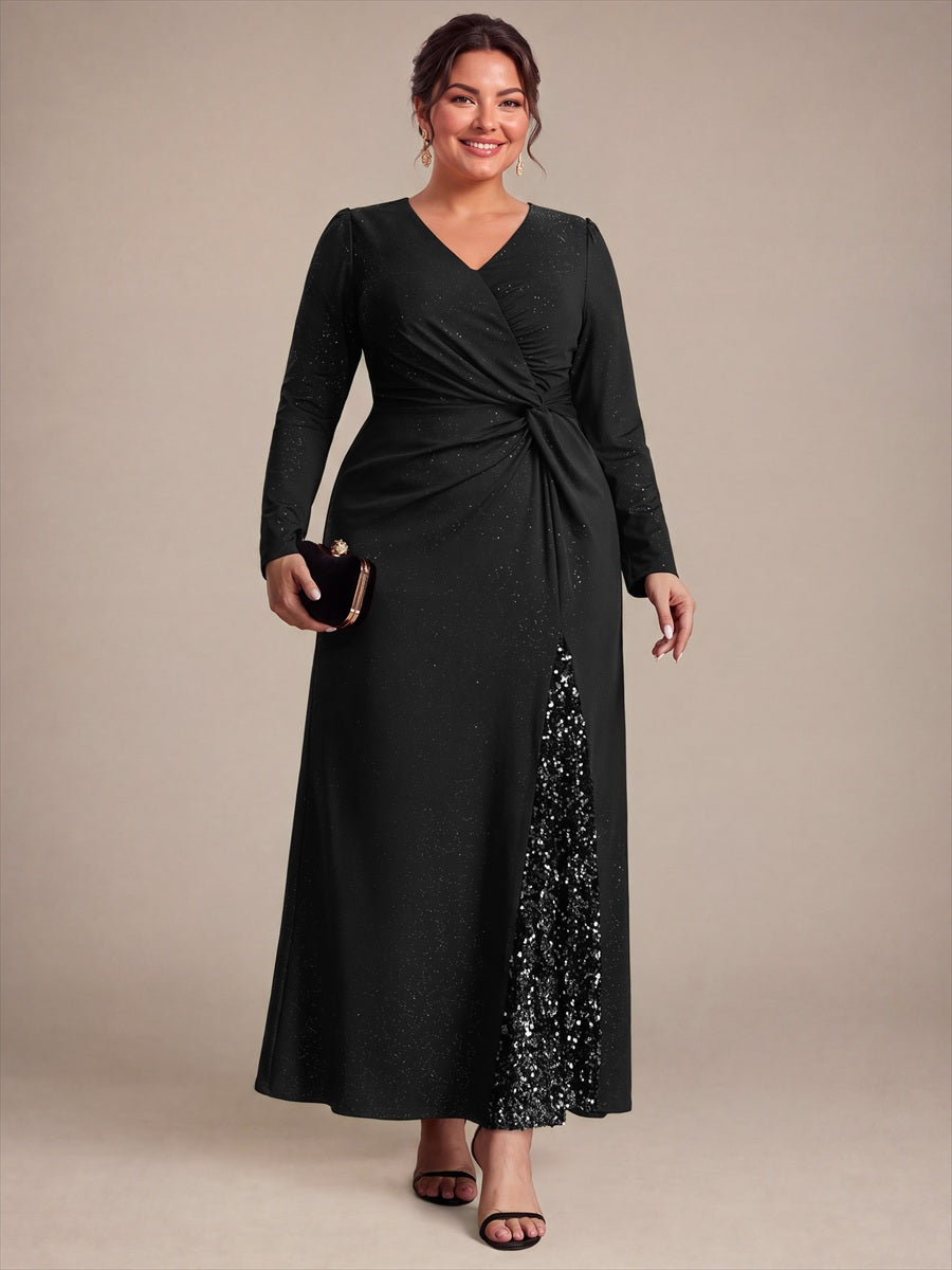 Robe maxi bodycon à manches longues en V avec sequins et fermeture éclair au dos #Couleur_Noir