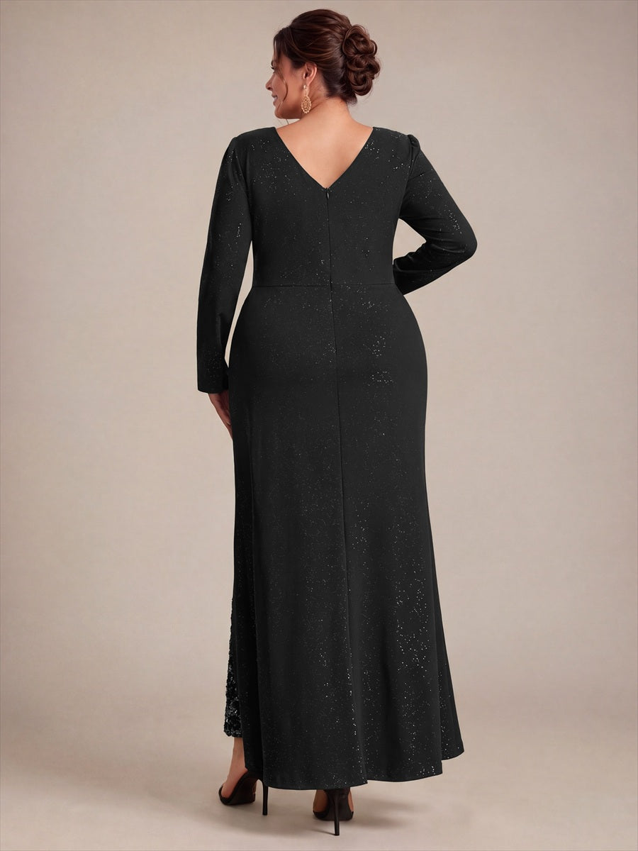 Robe maxi bodycon à manches longues en V avec sequins et fermeture éclair au dos #Couleur_Noir