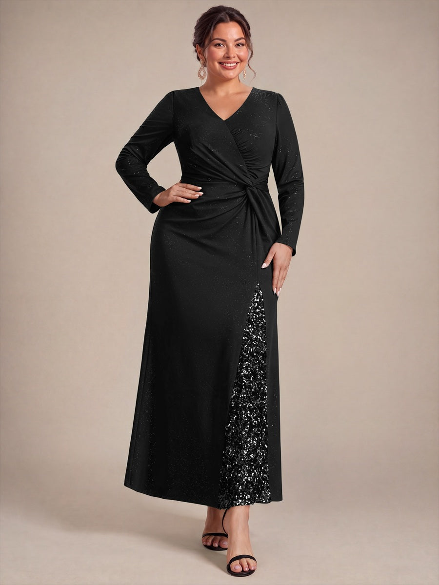 Robe maxi bodycon à manches longues en V avec sequins et fermeture éclair au dos #Couleur_Noir
