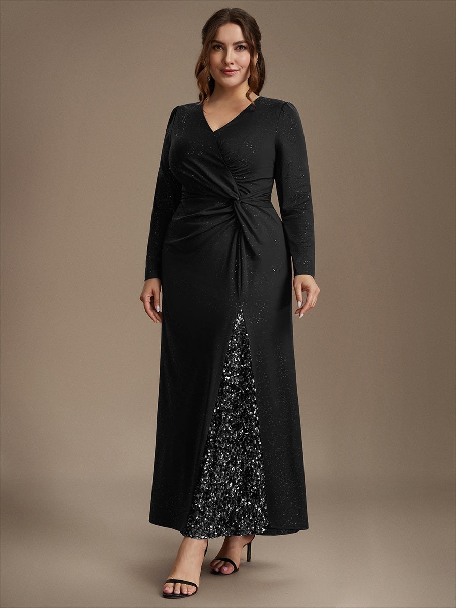 Robe maxi bodycon à manches longues en V avec sequins et fermeture éclair au dos #Couleur_Noir
